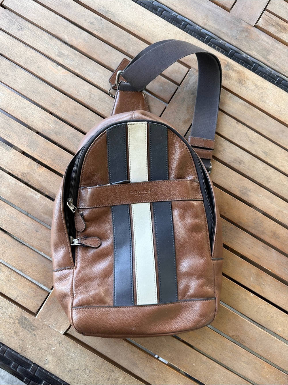 Coach Brown Leather Belt Sling Bag with Black and Cream Stripes